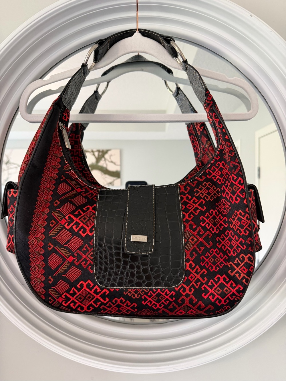 Pineda Covalin Luxury Hobo Bag Geometric Silk & Leather NWOT